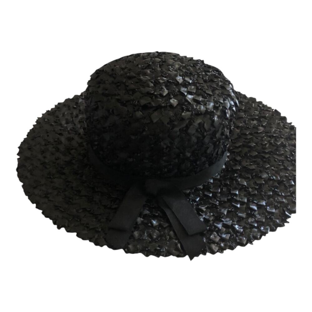 Vintage Black Straw Wide Brim Hat Ribbon Trim Boho Chic Sun Hat With Box - Picture 5 of 13